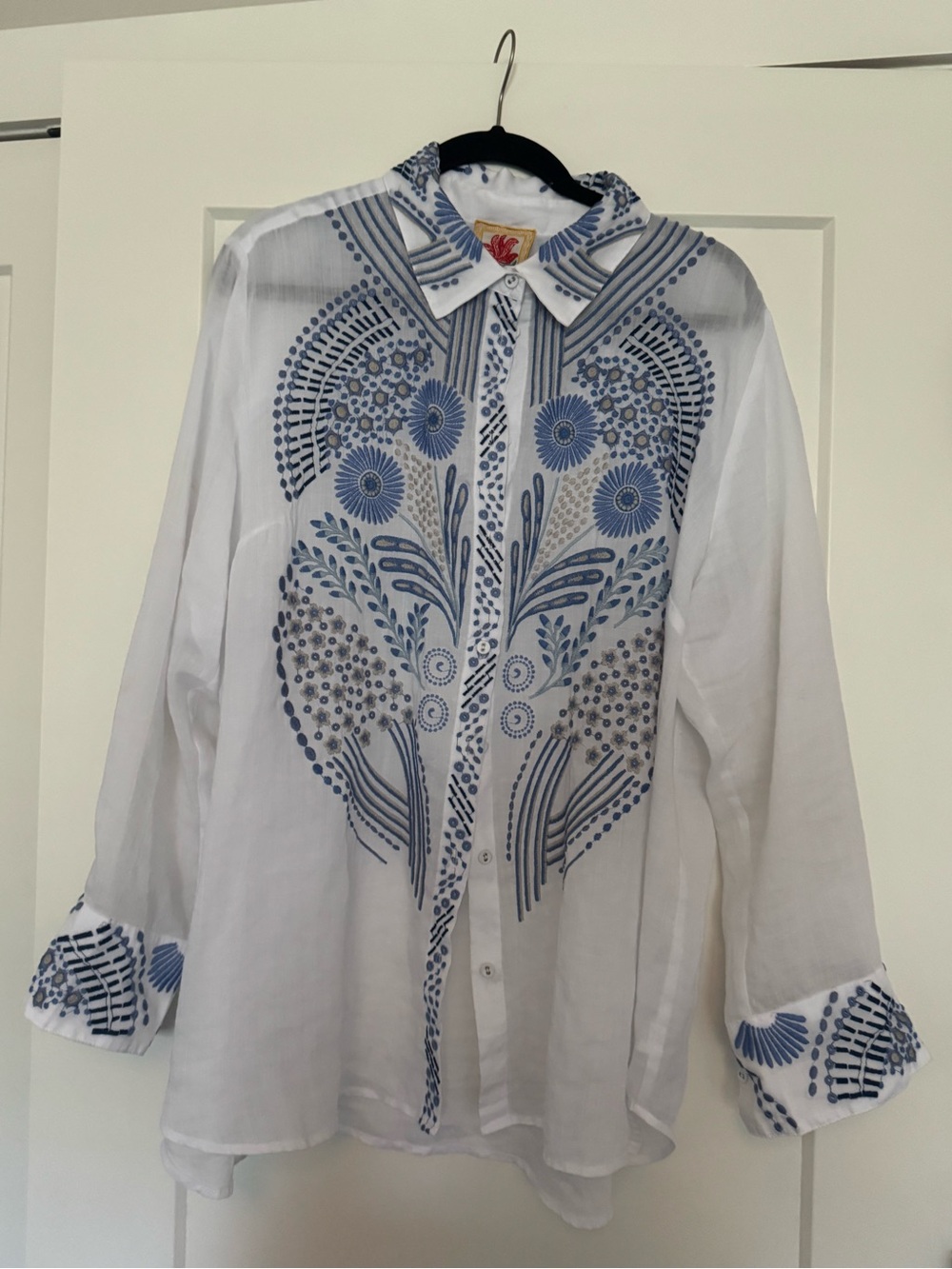Johnny Was White Button-Down Shirt with Blue Embroidered Floral Print